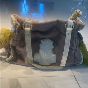 *RARE* Juicy Couture Taupe Suede Shoulder Bag with White Trim and Yellow Accent
